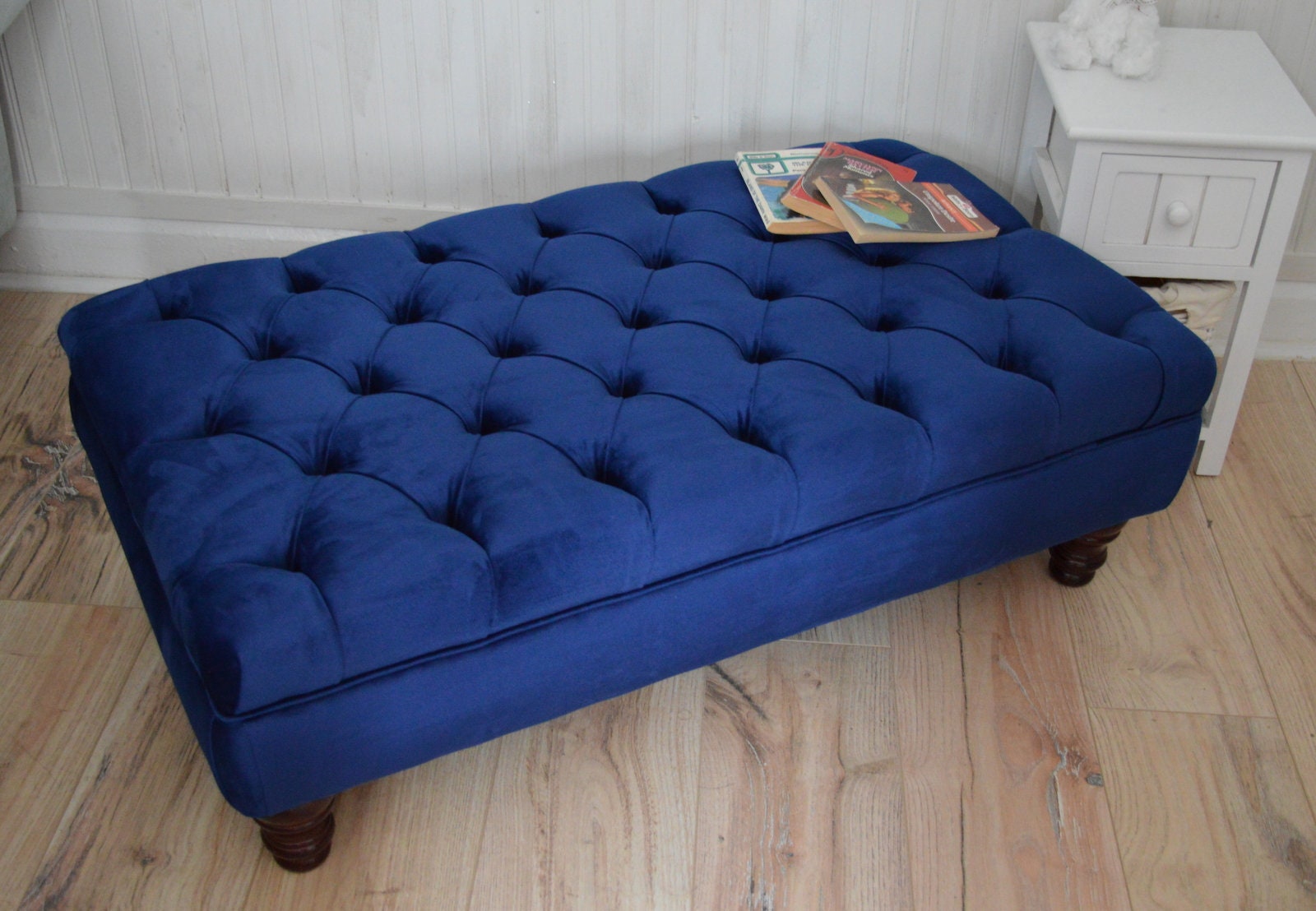 Chesterfield Deep Buttoned Footstool in Royal Blue Velvet With Mahogany Turned Hard Wood Legs