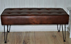 Bench Seating Style Buttoned Footstool Hall Table With Stitching Detail in Premium Faux Chestnut Leather With Hairpin Legs