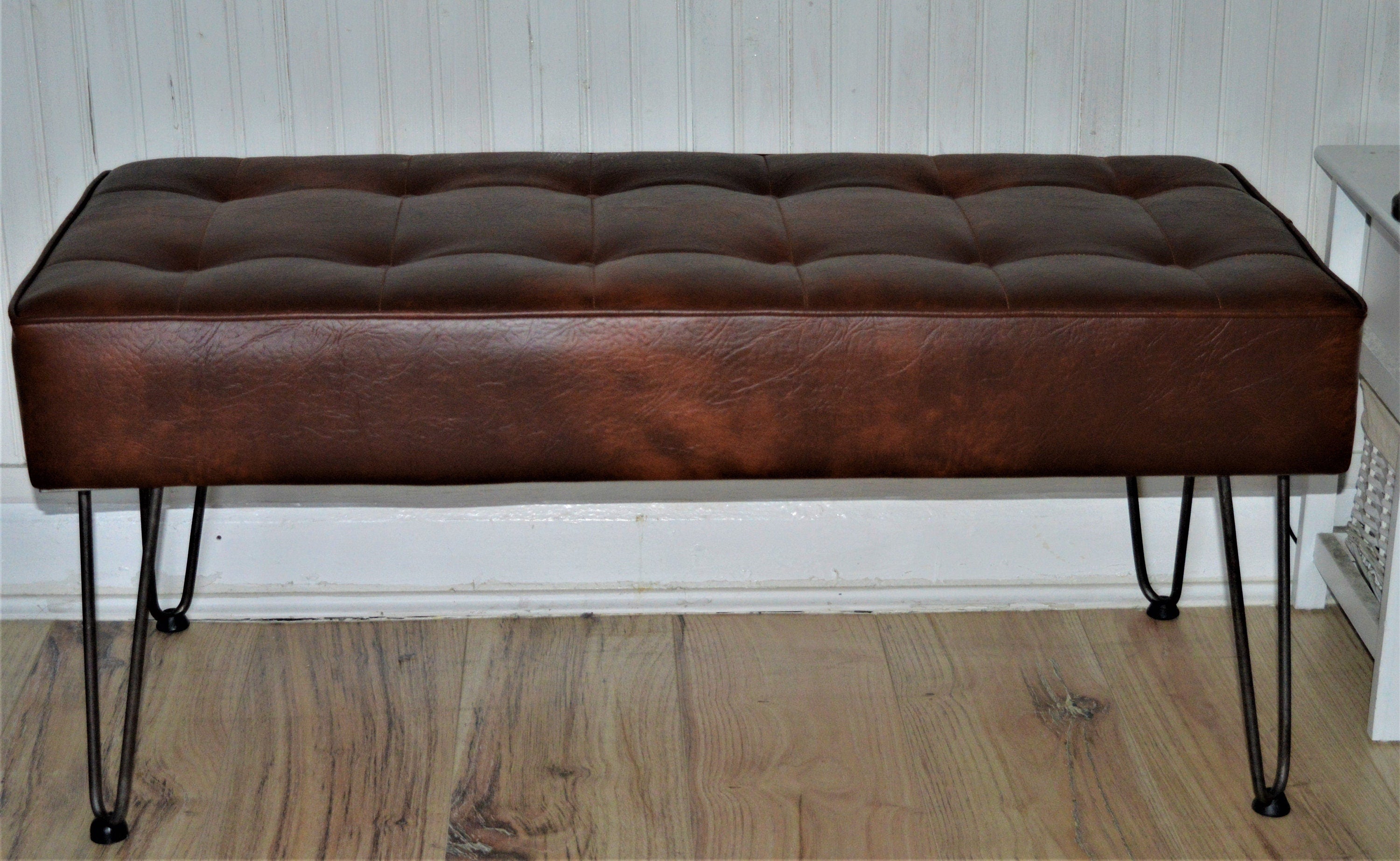 Bench Seating Style Buttoned Footstool Hall Table With Stitching Detail in Premium Faux Chestnut Leather With Hairpin Legs