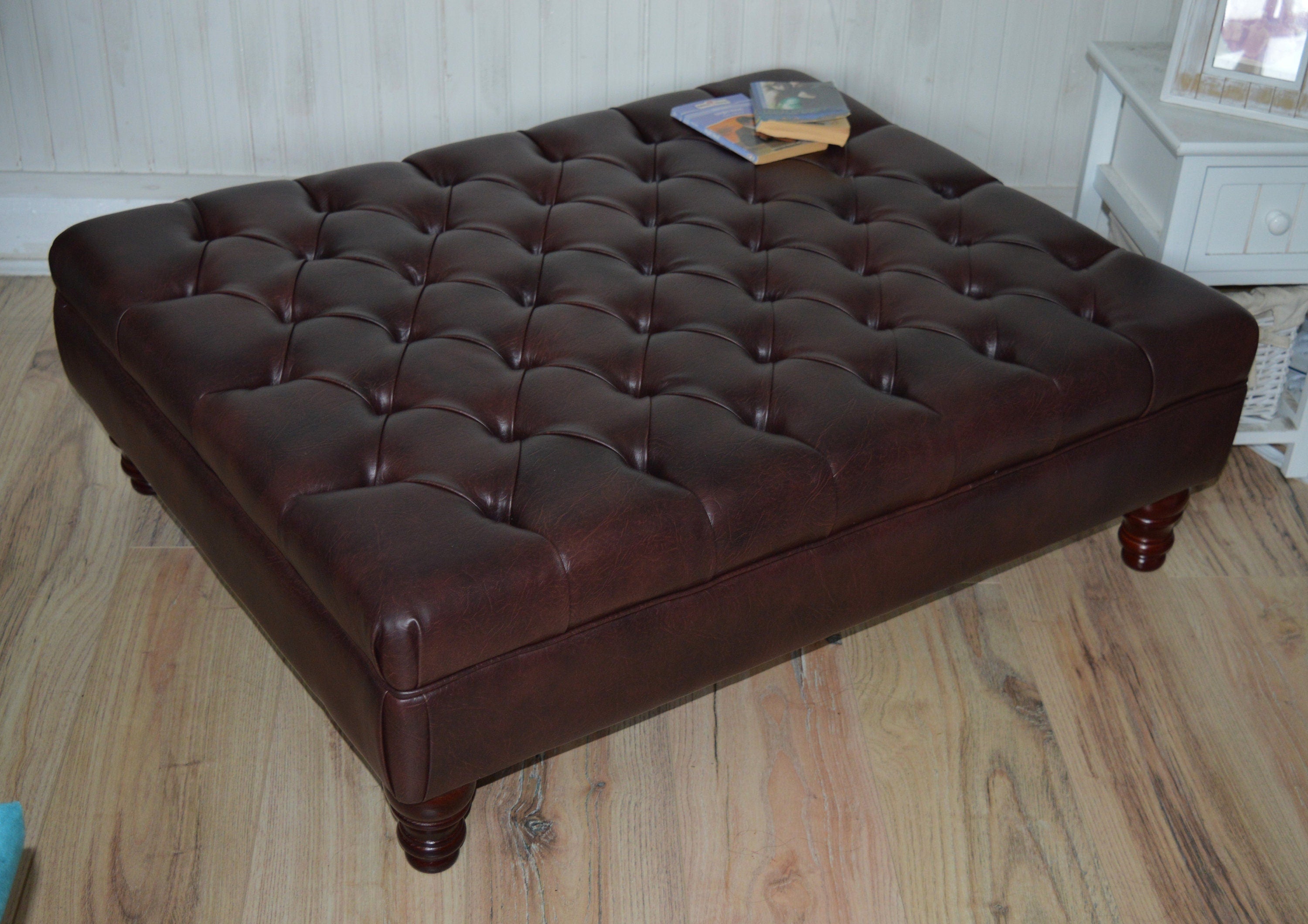 Chesterfield Extra Large Deep Buttoned Footstool in Premium Dark Brown Faux Leather With Turned Hardwood Legs