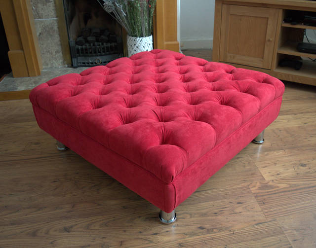 Square Chesterfield Style Deep Buttoned Footstool in Casino Crush Red Fabric With Chrome  Legs