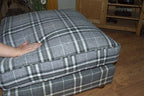 Fixed Soft Cushion Top Square Design Footstool in Gey Tarton Check  With Turned Hard Wood Feet