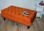 Chesterfield Design Deep Buttoned Footstool in Burnt Orange Velvet Fabric With Mahogany Turned Hard Wood Legs
