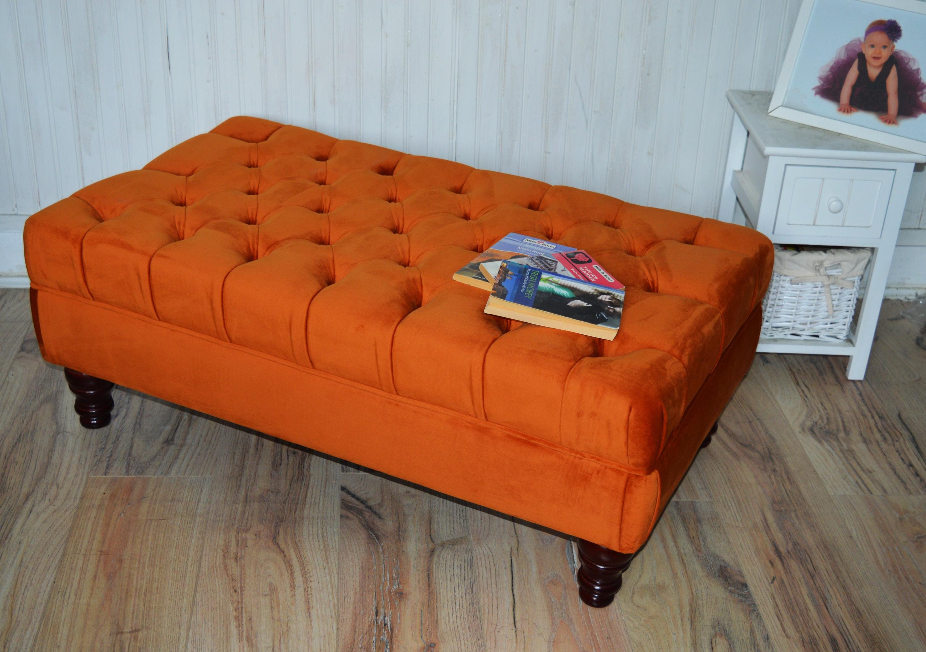 Chesterfield Design Deep Buttoned Footstool in Burnt Orange Velvet Fabric With Mahogany Turned Hard Wood Legs