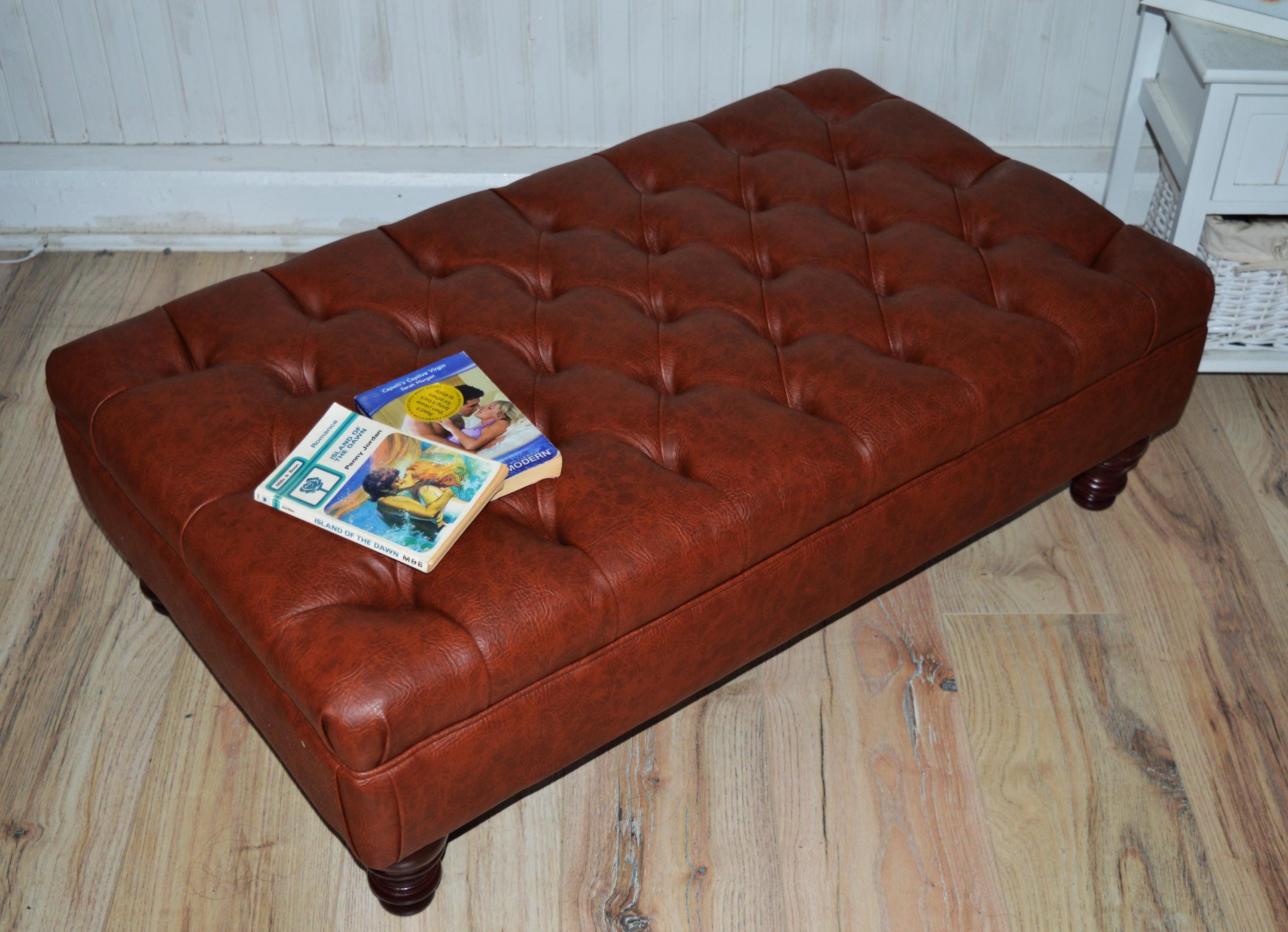 Chesterfield Design Footstool in Chestnut Brown Faux Leather With Mahogany Turned Hardwood Legs