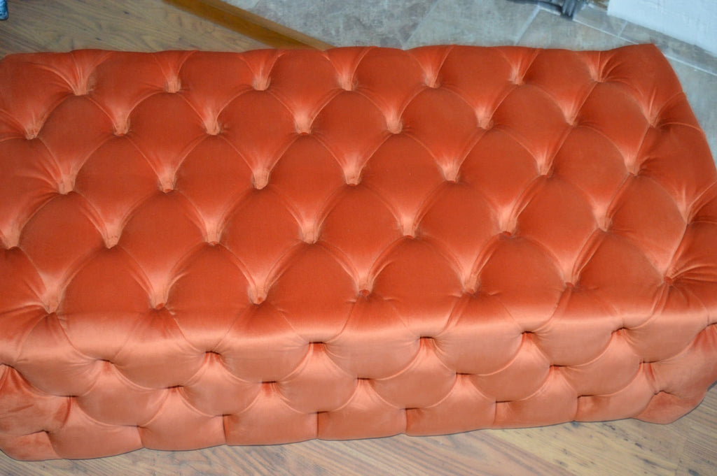 Chesterfield Style Deep Buttoned All Over Extra Large Footstool Upholstered In a Plush Burnt Orange Velvet