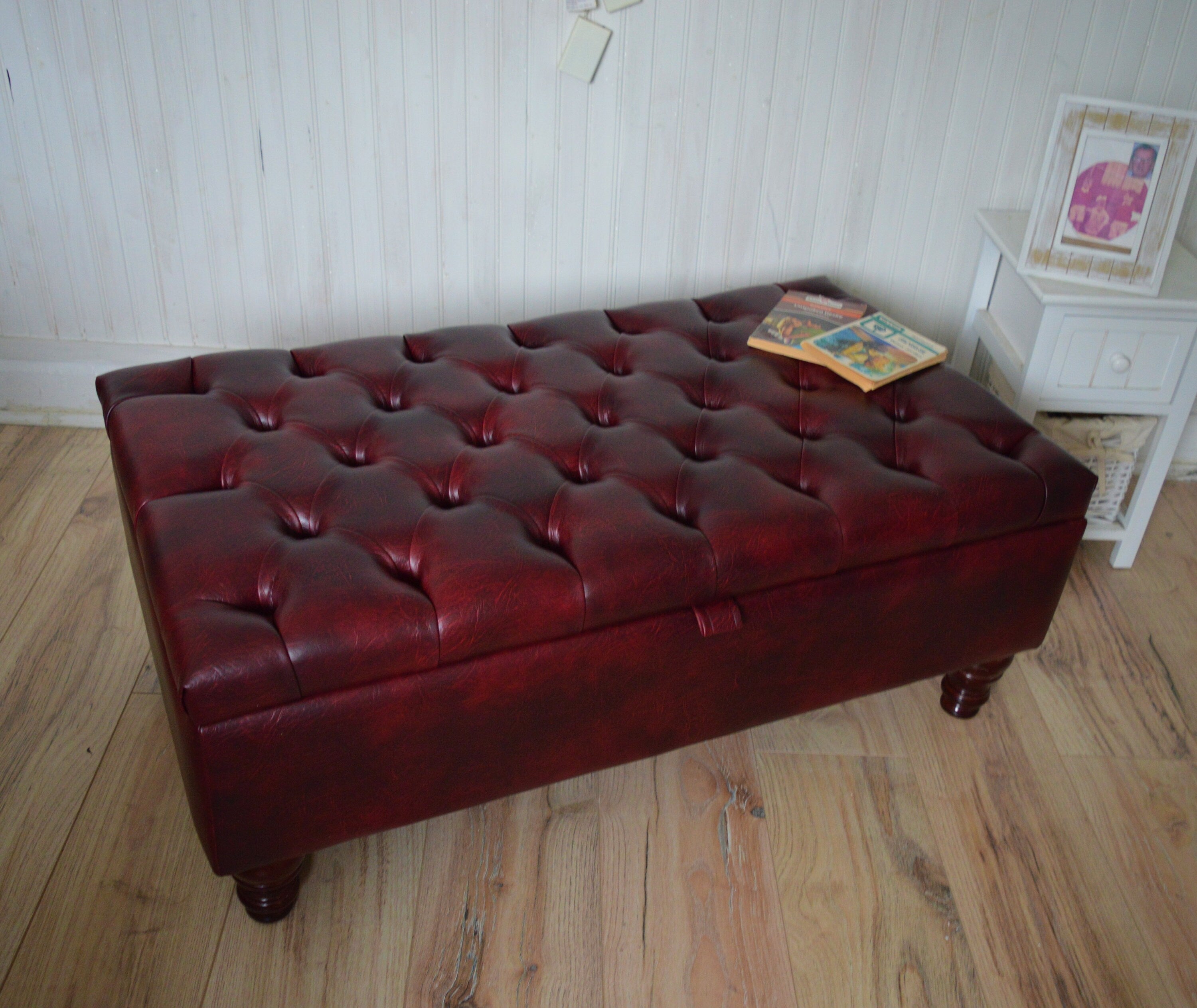 UK Made Chesterfield Deep Buttoned  Footstool With Storage in Premium Wine Faux Leather