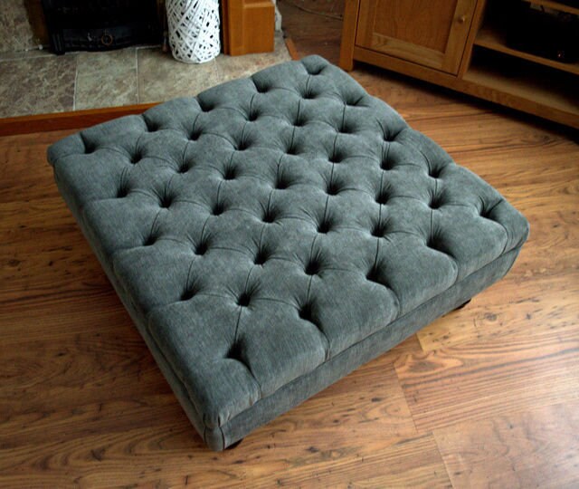 Square Chesterfield Style Deep Buttoned Footstool in Casino Dark Grey Fabric With Turned Hard Wood Legs