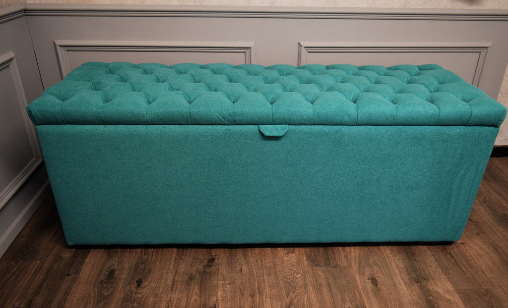 XXL Chesterfield Storage Bedding Box in Mallard Green Fabric With Mahogany Feet