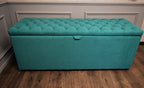 XXL Chesterfield Storage Bedding Box in Mallard Green Fabric With Mahogany Feet