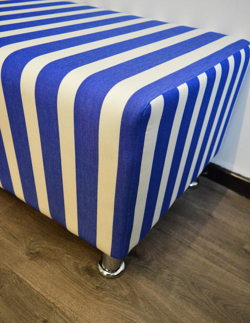 2 Str Size High Seating Bench Footstool With Fix To Wall Back Cushion in Water Resistent Coastal Blue Stripe Fabric