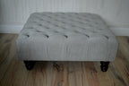 Square Chesterfield Style Deep Buttoned Footstool in Casino Silver Fabric With Turned Hard Wood Legs