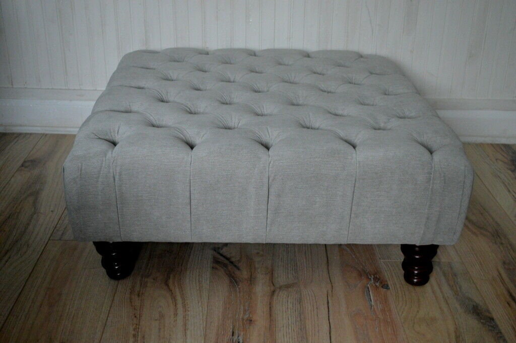 Square Chesterfield Style Deep Buttoned Footstool in Casino Silver Fabric With Turned Hard Wood Legs