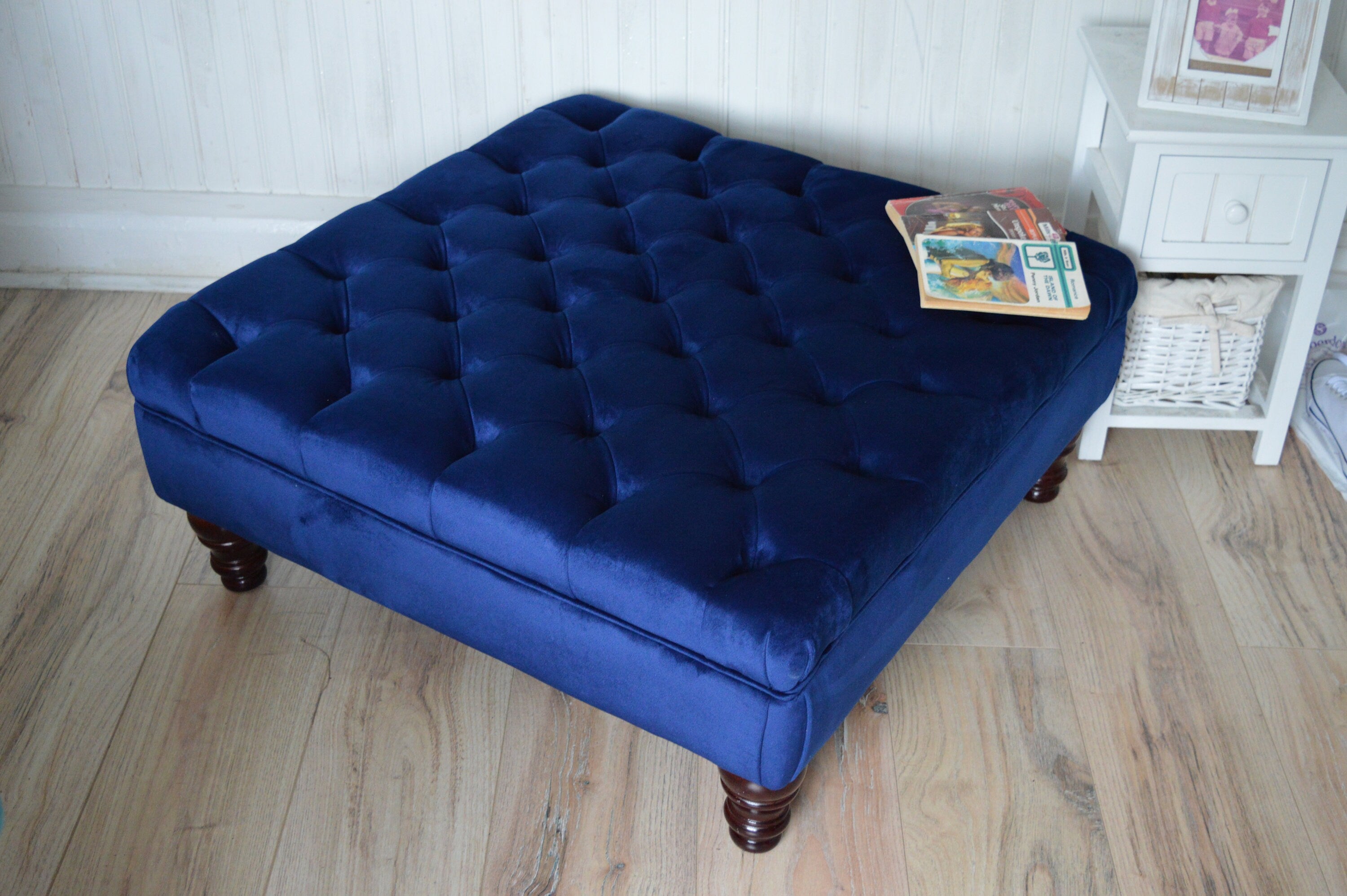 Chesterfield Deep Buttoned Footstool in Navy Blue Velvet With Mahogany Turned Hard Wood Legs