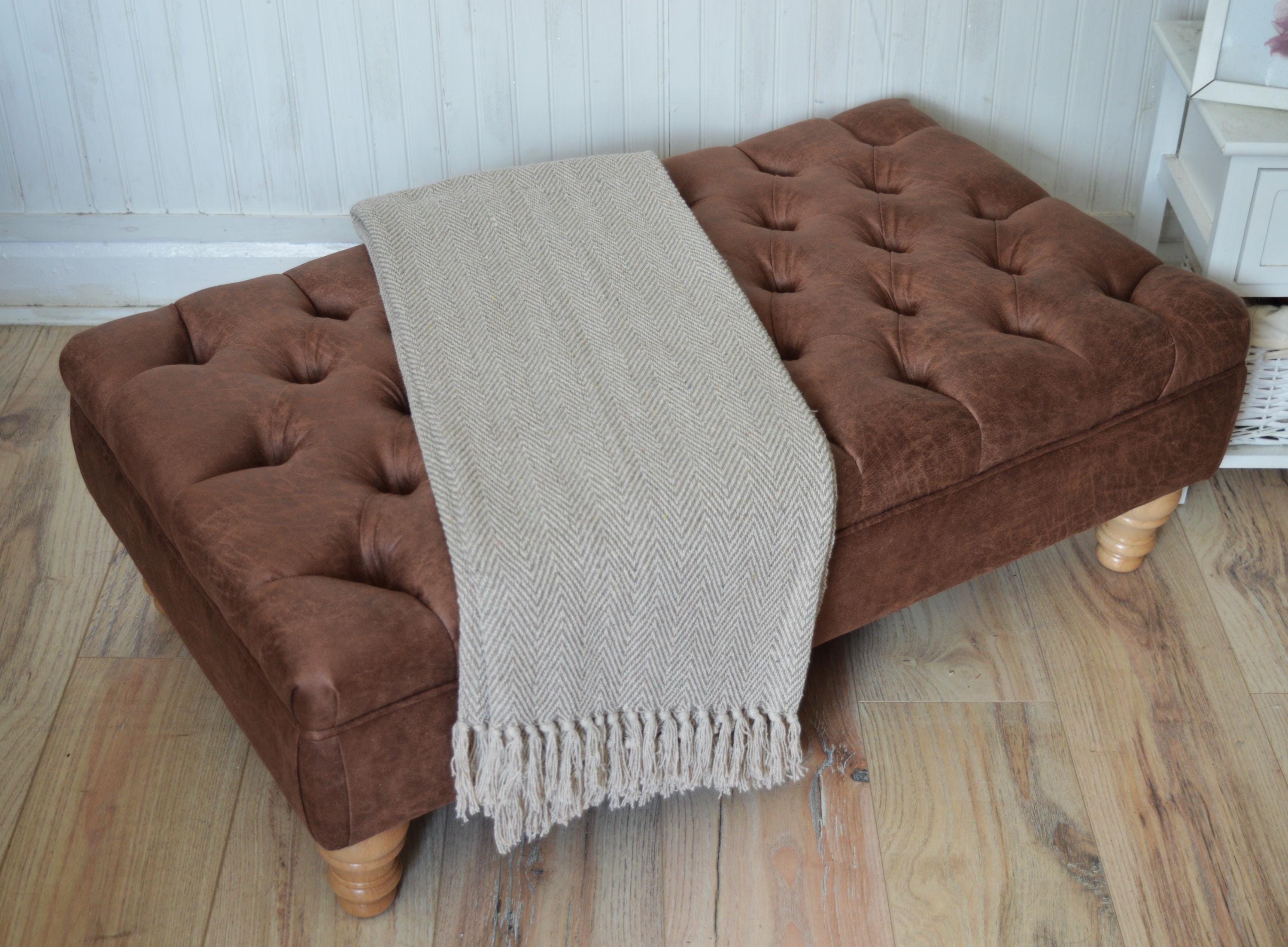 Handmade Antique Brown Faux Suede  Chesterfield Footstool – Ottoman – Coffee Table – Footrest – Oak Turned Hardwood Legs