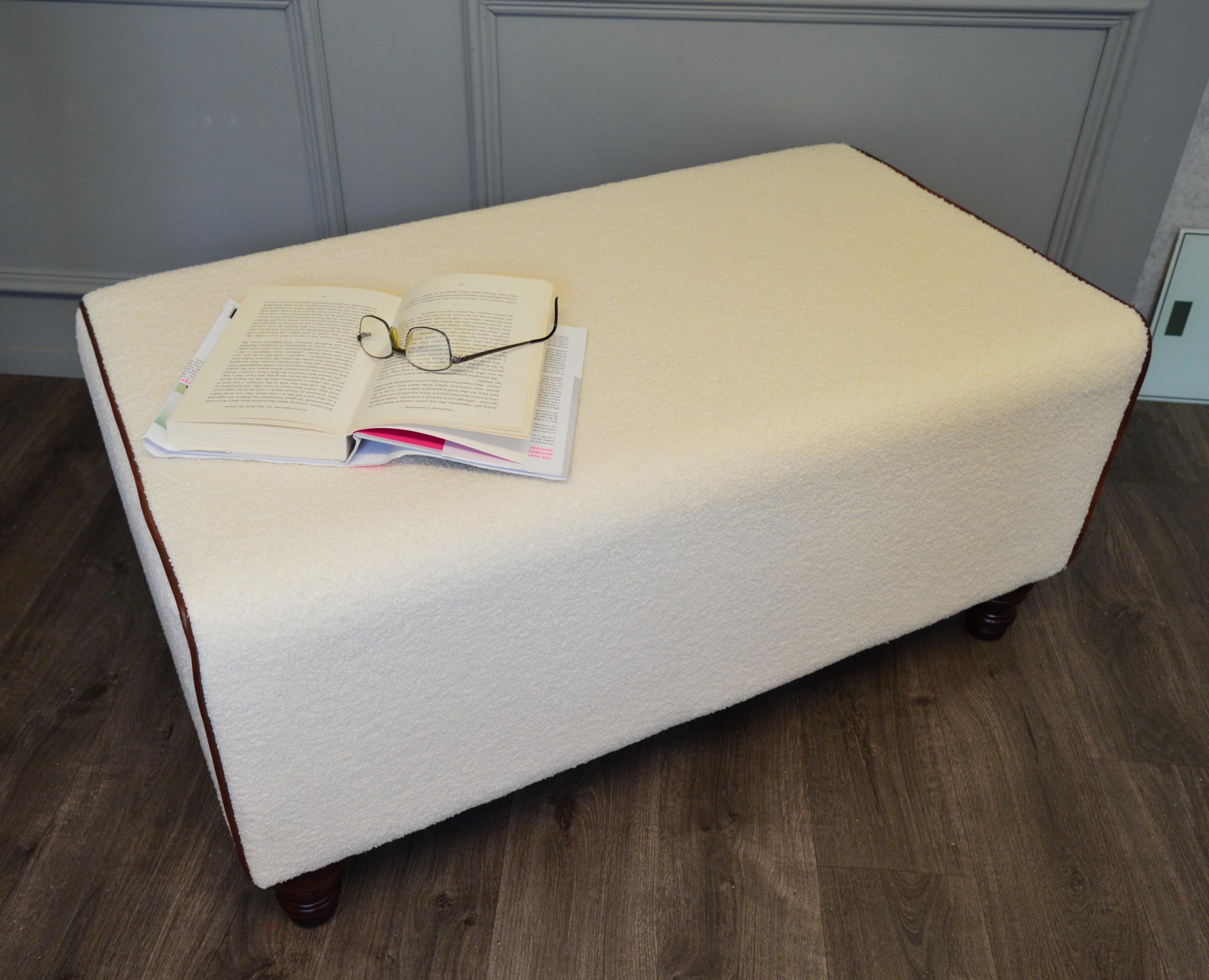 Bench Seating footstool 2str size upholstered in a Boucle Fabric With Chestnut Piping