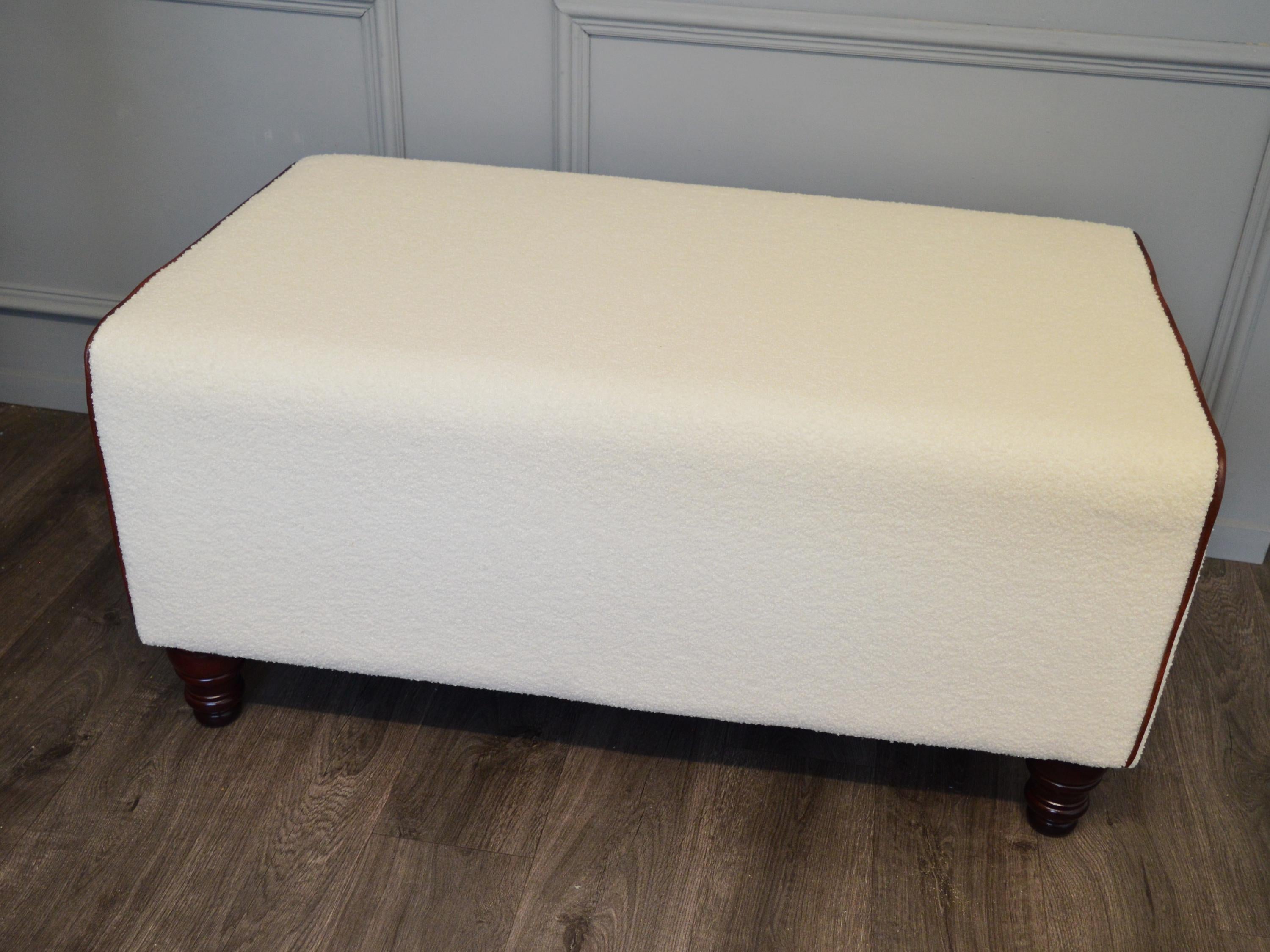 Bench Seating footstool 2str size upholstered in a Boucle Fabric With Chestnut Piping