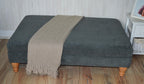 Extra Large Flat Top Footstool With Piping Detail  in Grey Velvet With Oak Turned Hard Wood Legs