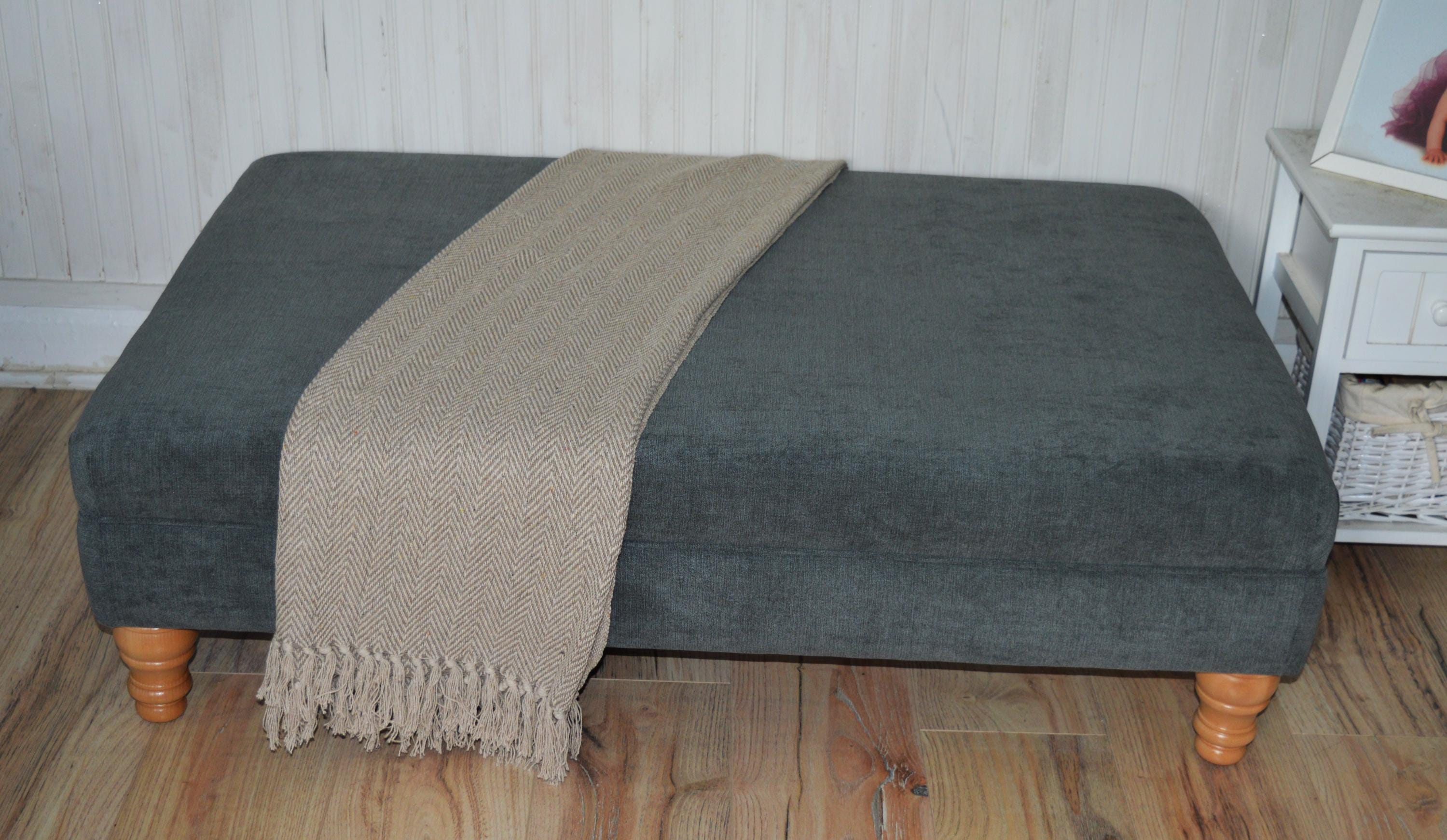 Extra Large Flat Top Footstool With Piping Detail  in Grey Velvet With Oak Turned Hard Wood Legs