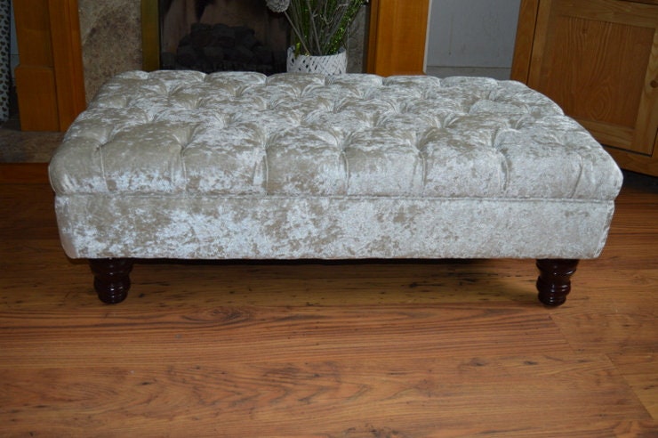 Hand Made Chesterfield Deep Buttoned Footstool in Cream Crushed Velvet With Mahogany Turned Hardwood Legs