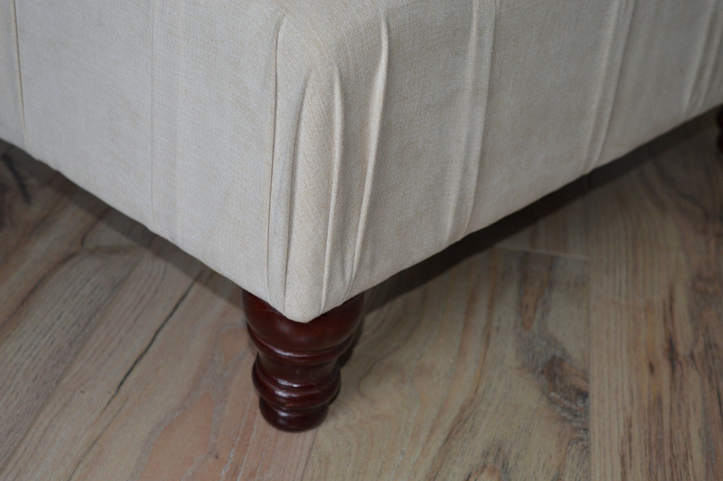Square Chesterfield Deep Buttoned Footstool in Casino Beige Fabric With Mahogany Turned Hard Wood Legs