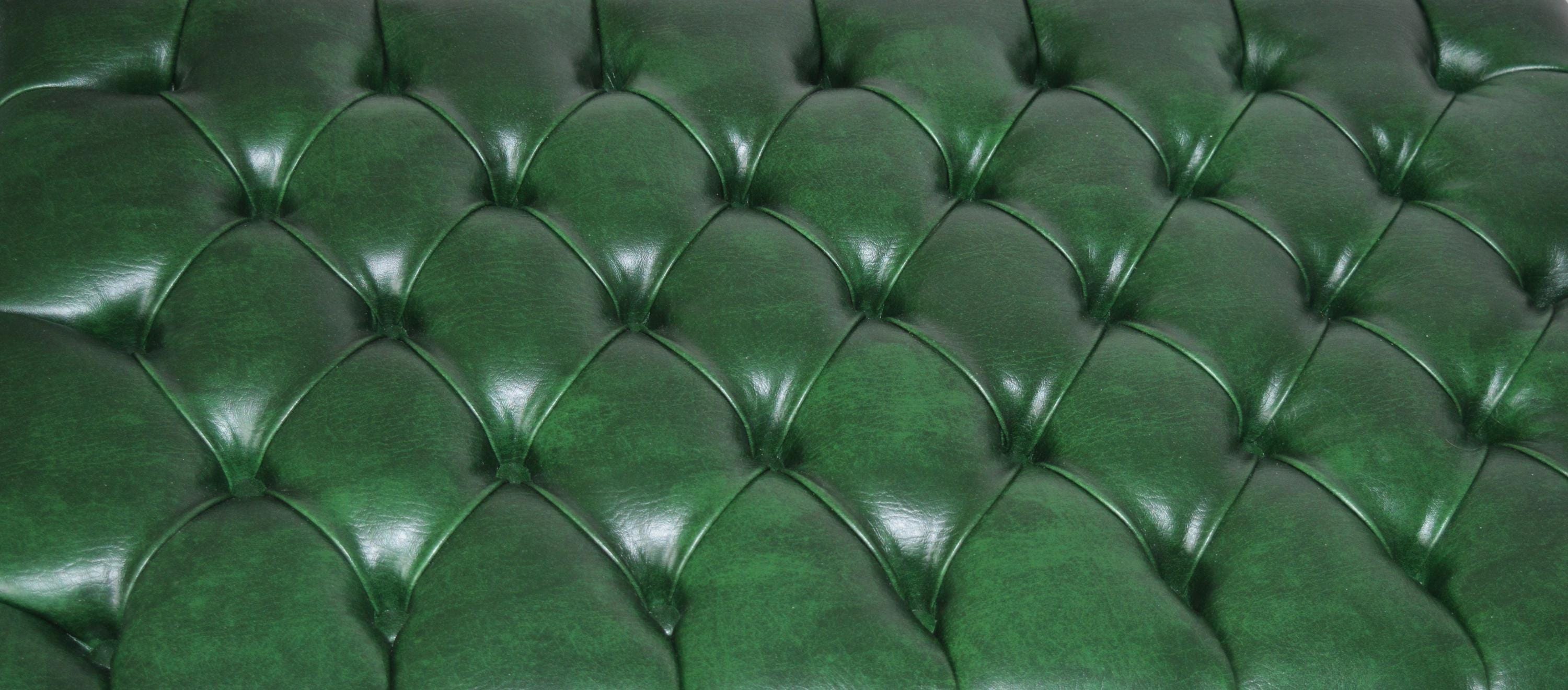 Chesterfield Style Deep Buttoned Footstool in Premium Green Faux Leather With Turned Mahogany Hardwood Legs
