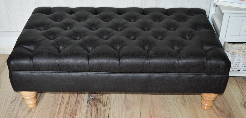 Handmade Antique Black Faux Suede  Chesterfield Footstool  Coffee Table – Footrest – Oak Turned Hardwood Legs