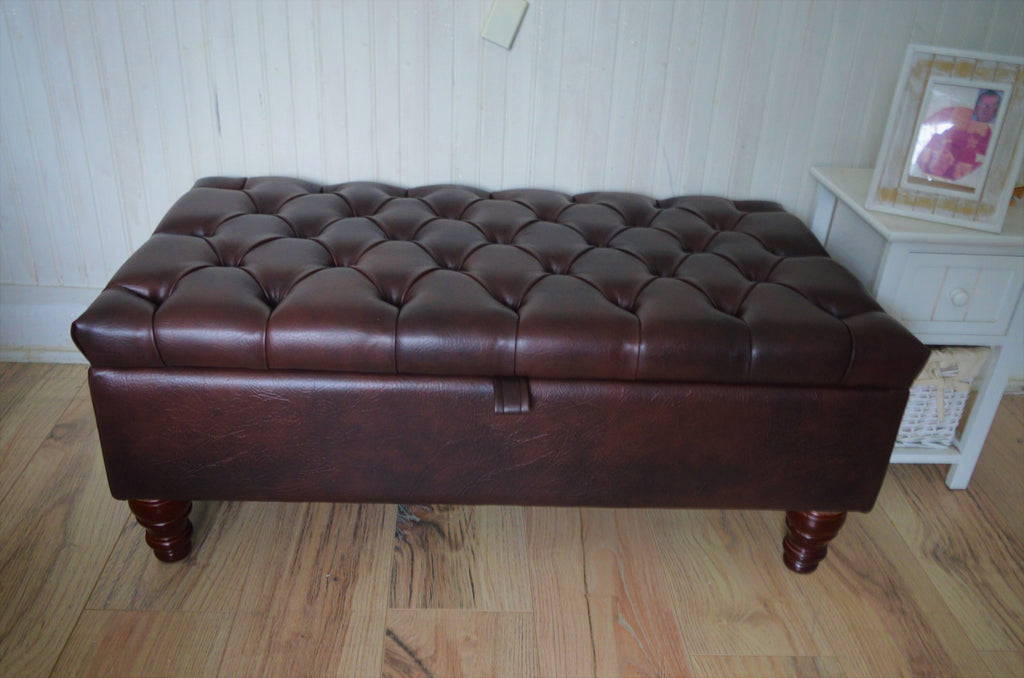 Chesterfield Deep Buttoned  Footstool With Storage in Premium Dark Brown Faux Leather