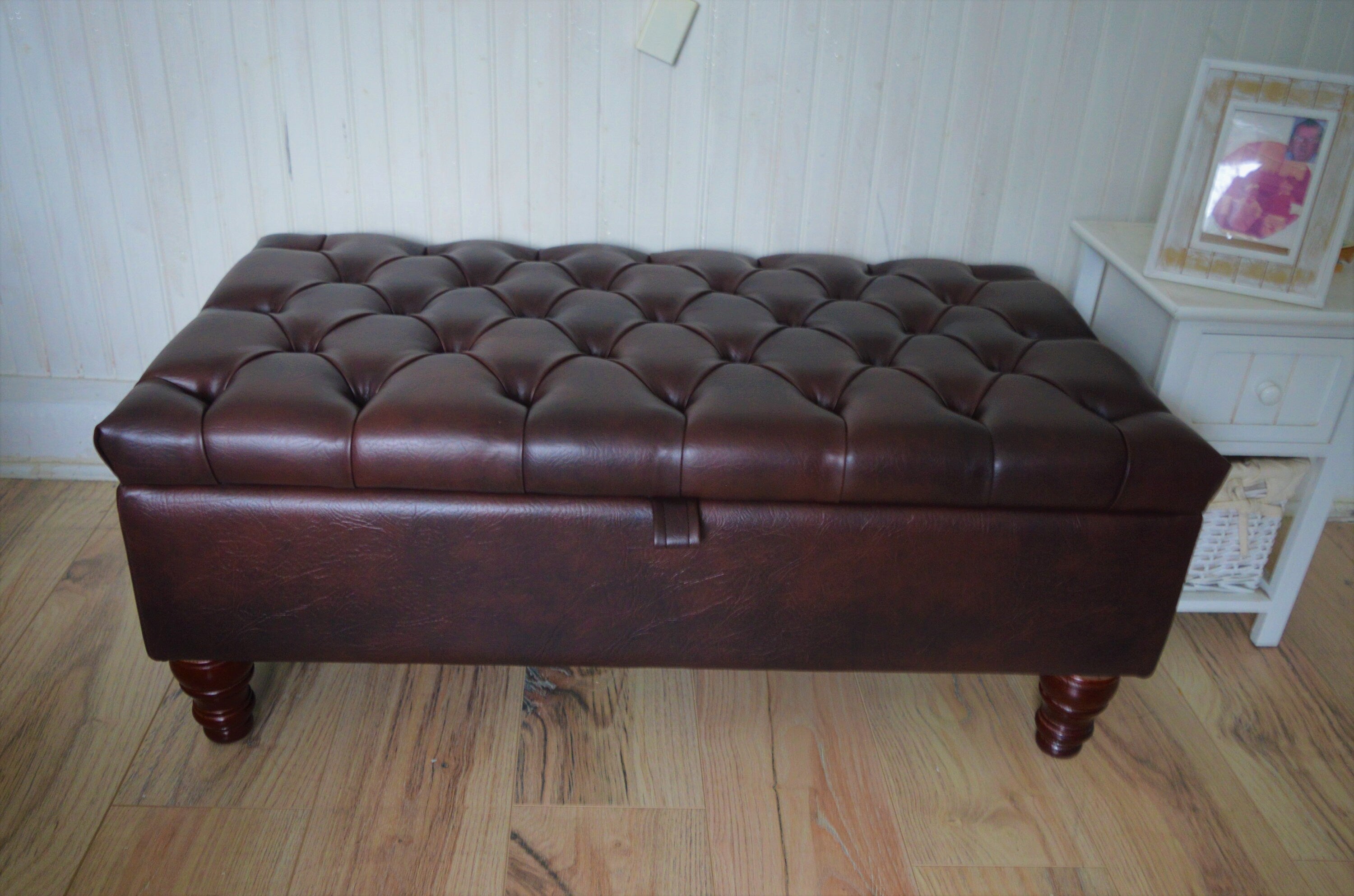 Chesterfield Deep Buttoned  Footstool With Storage in Premium Dark Brown Faux Leather