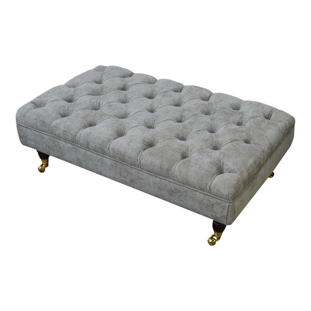 Chesterfield Style Deep Buttoned Footstool in Casino Crush Grey With Brass Castor Legs