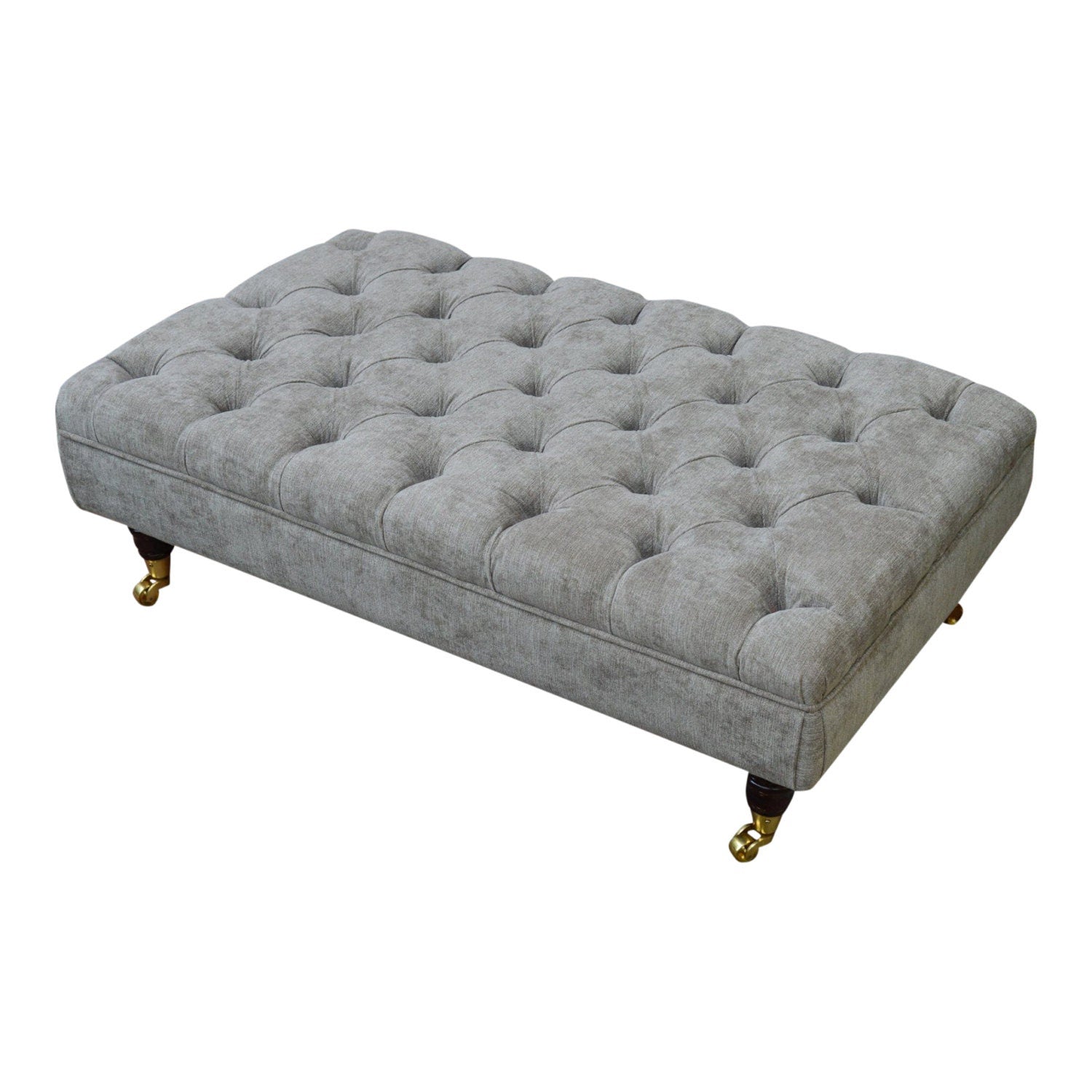 Chesterfield Style Deep Buttoned Footstool in Casino Crush Grey With Brass Castor Legs