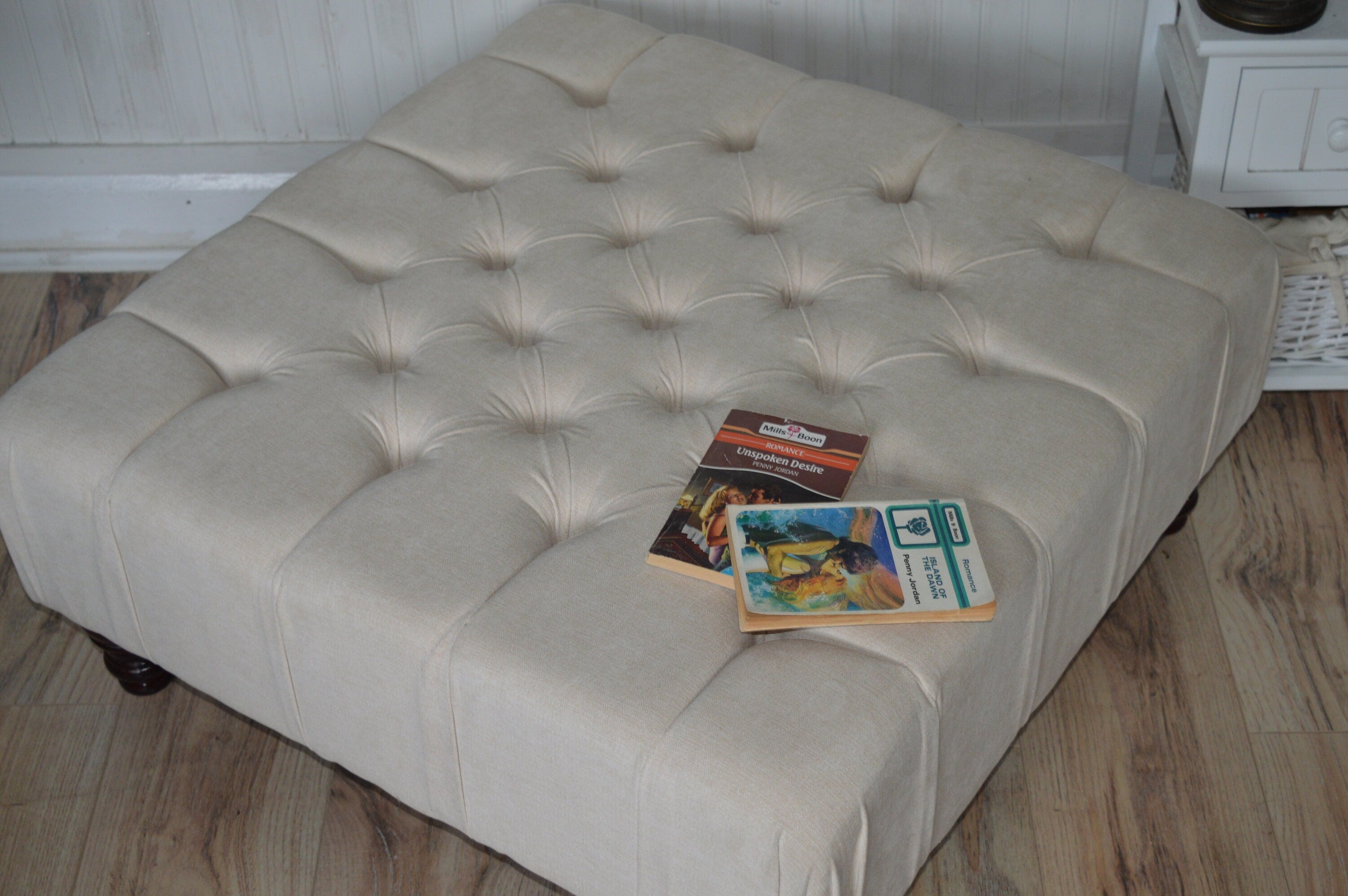 Square Chesterfield Deep Buttoned Footstool in Casino Beige Fabric With Mahogany Turned Hard Wood Legs