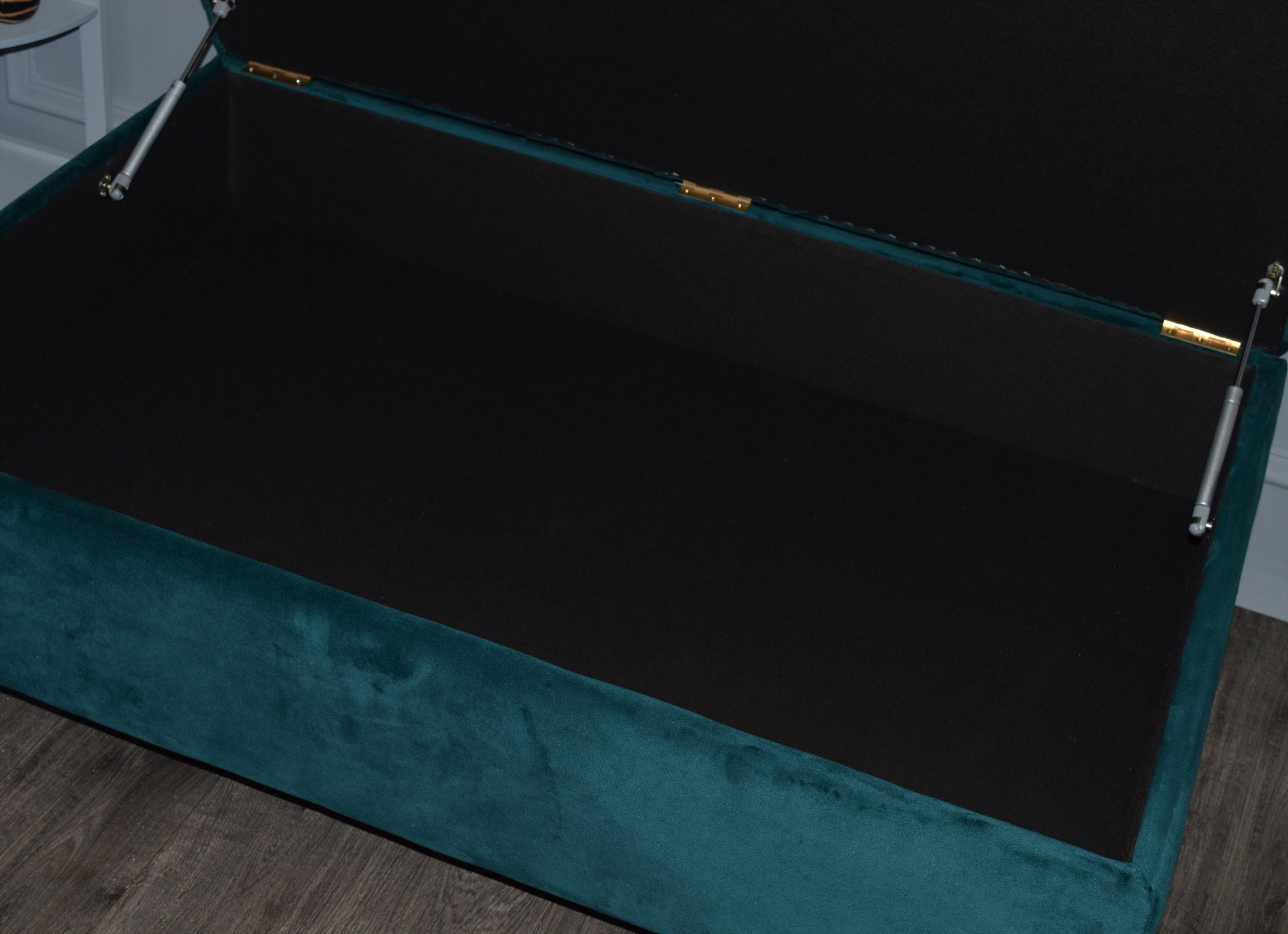 Chesterfield Deep Buttoned Storage Ottoman Footstool in Teal Velvet With Mahogany Turned Hard Wood Legs