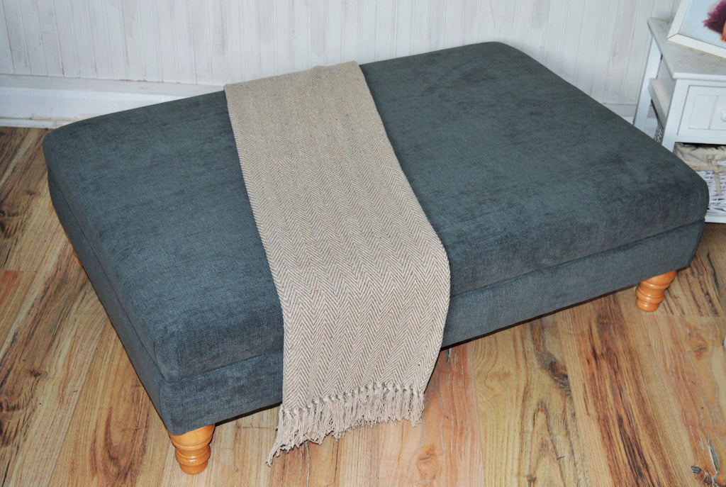Extra Large Flat Top Footstool With Piping Detail  in Grey Velvet With Oak Turned Hard Wood Legs