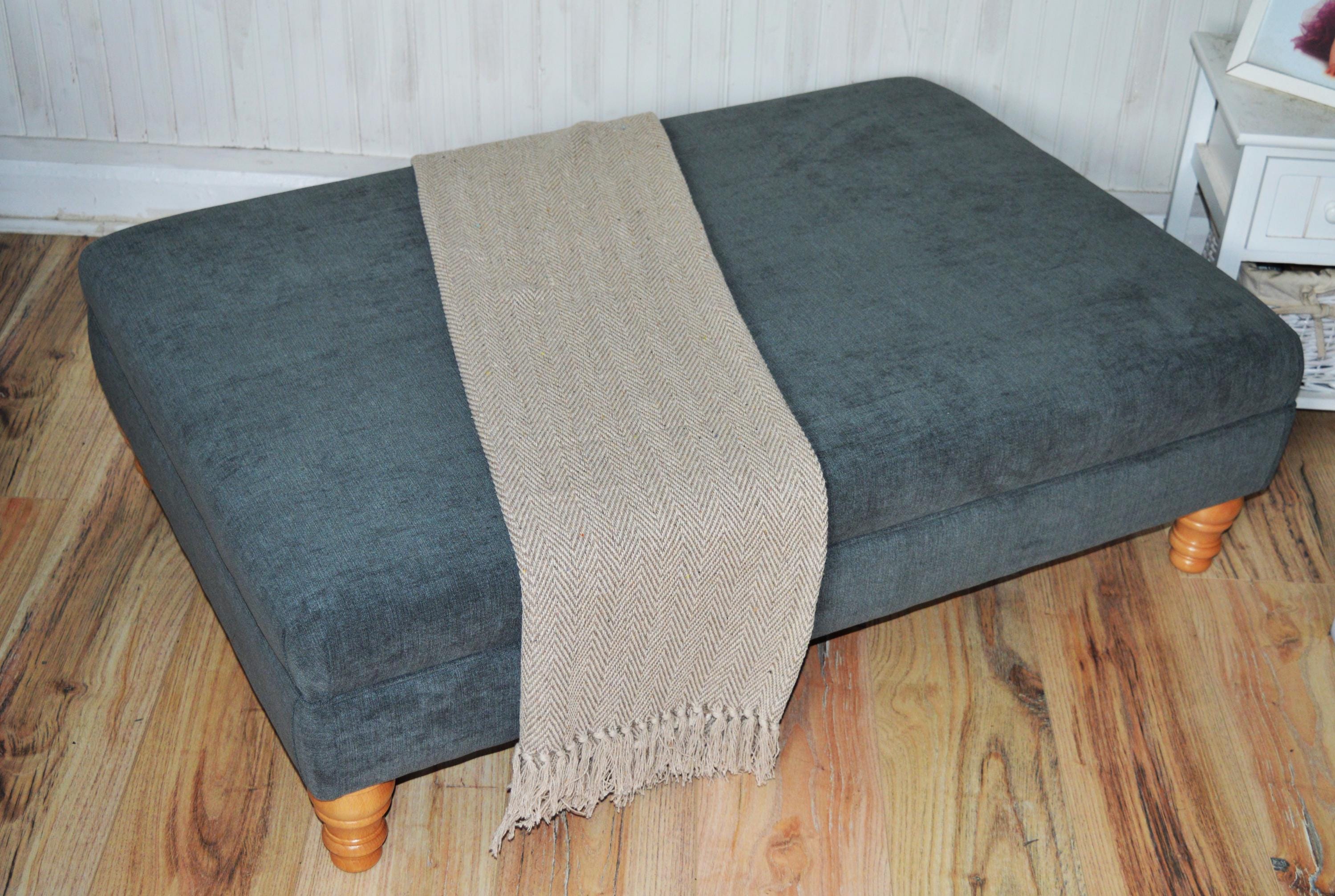 Extra Large Flat Top Footstool With Piping Detail  in Grey Velvet With Oak Turned Hard Wood Legs