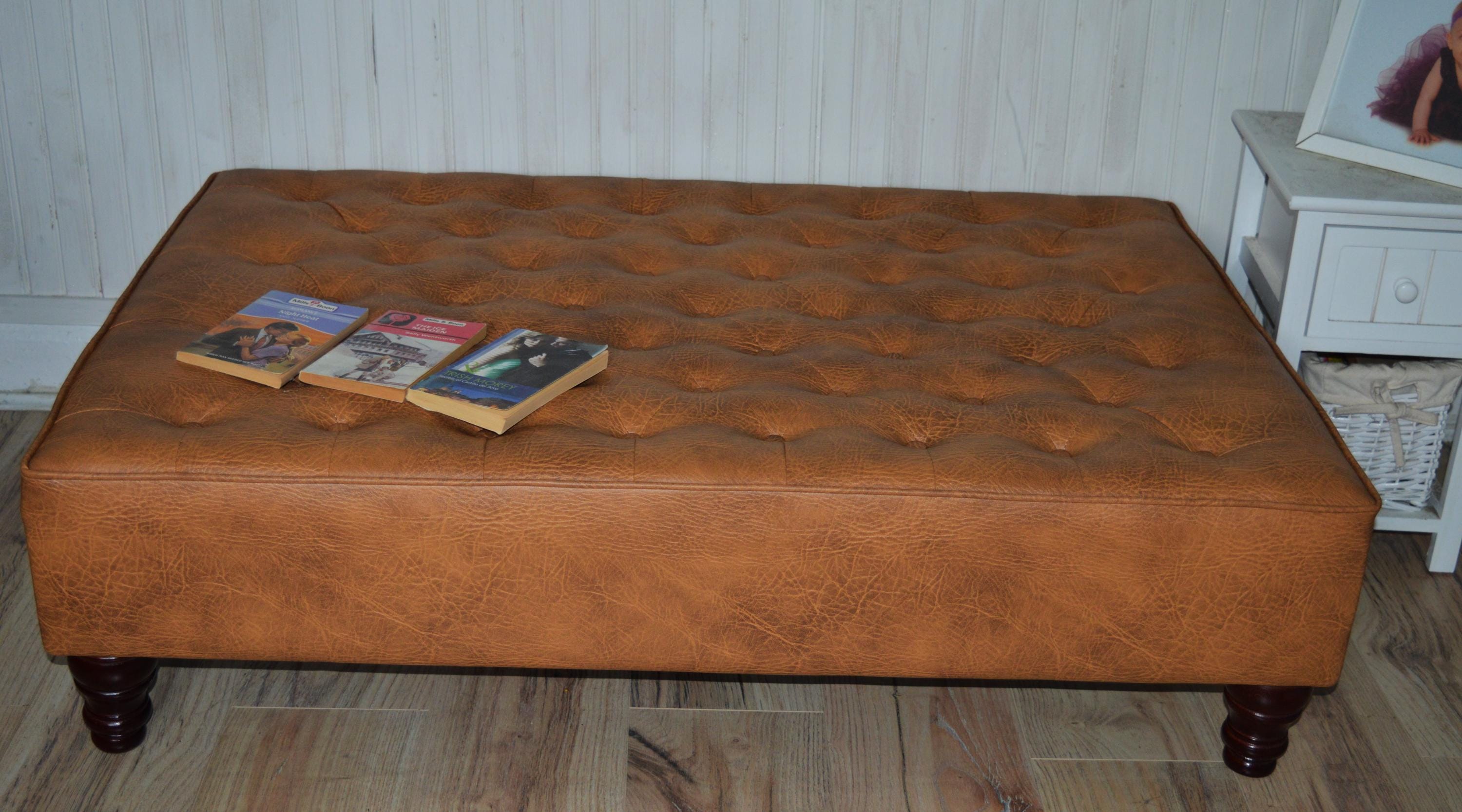 Chesterfield Extra Large Top Stitch Design Buttoned Footstool in Premium Tan Faux Leather With Mahogany Turned Hardwood Legs