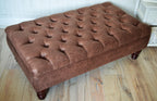 Handmade Antique Brown Faux Suede  Chesterfield Footstool – Ottoman – Coffee Table – Footrest – Mahogany Turned Hardwood Legs