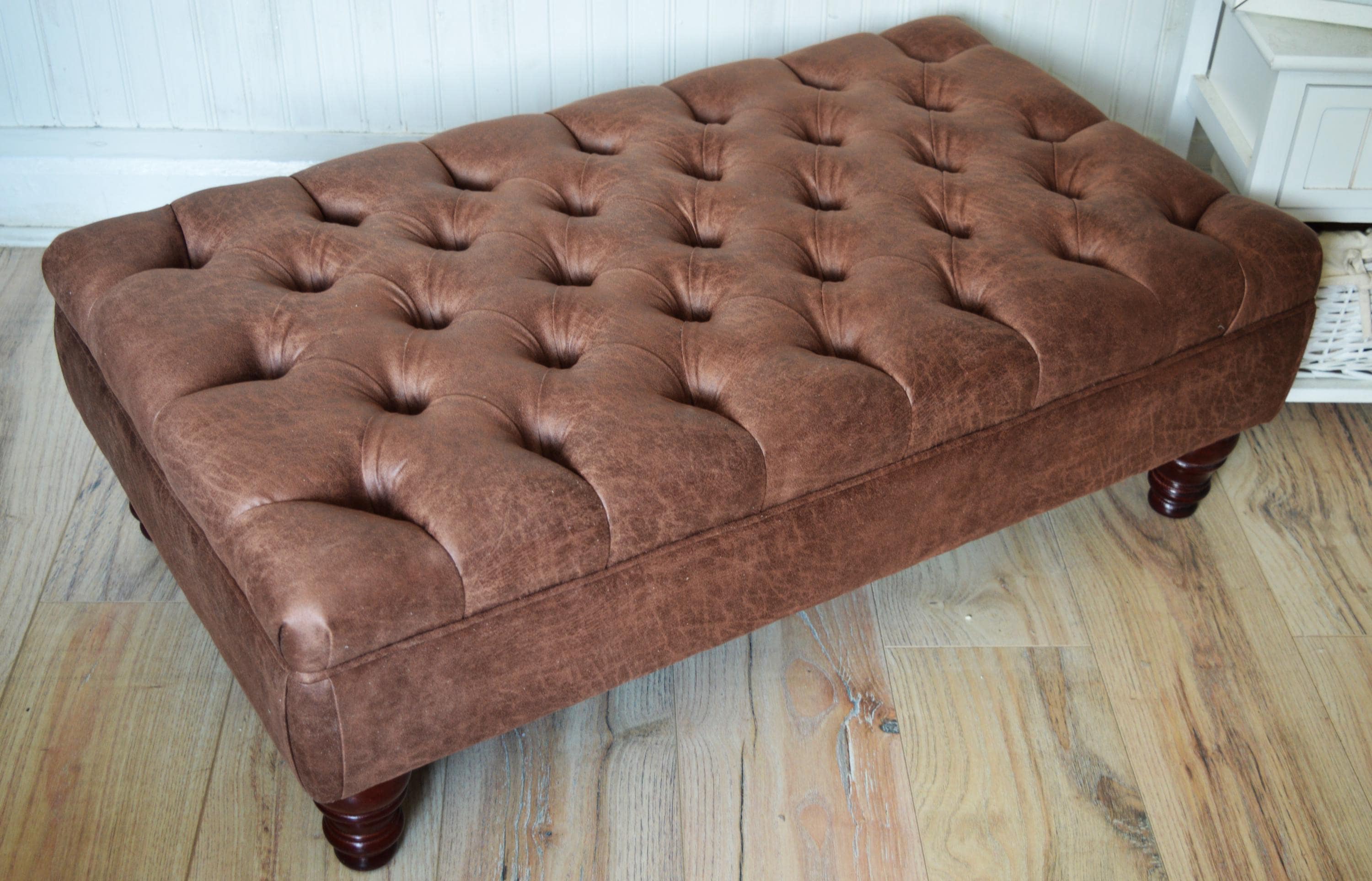 Handmade Antique Brown Faux Suede  Chesterfield Footstool – Ottoman – Coffee Table – Footrest – Mahogany Turned Hardwood Legs