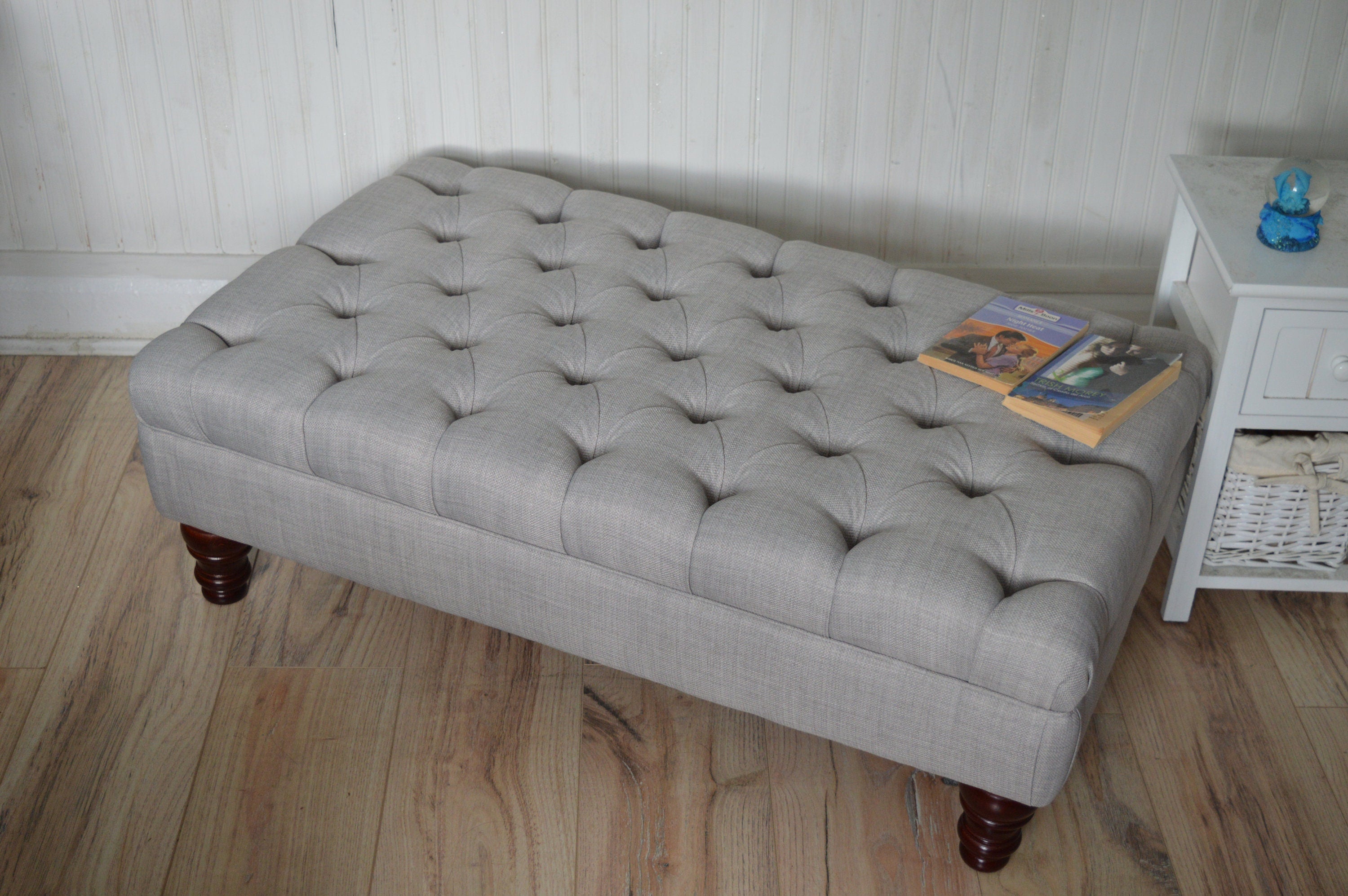 Chesterfield  Deep Buttoned Footstool in Grey Linen Fabric With Mahogany Turned Hardwood Legs