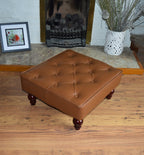 Buttoned and Piped Footstool Chesterfield Saddle Faux Leather With Hardwood Legs