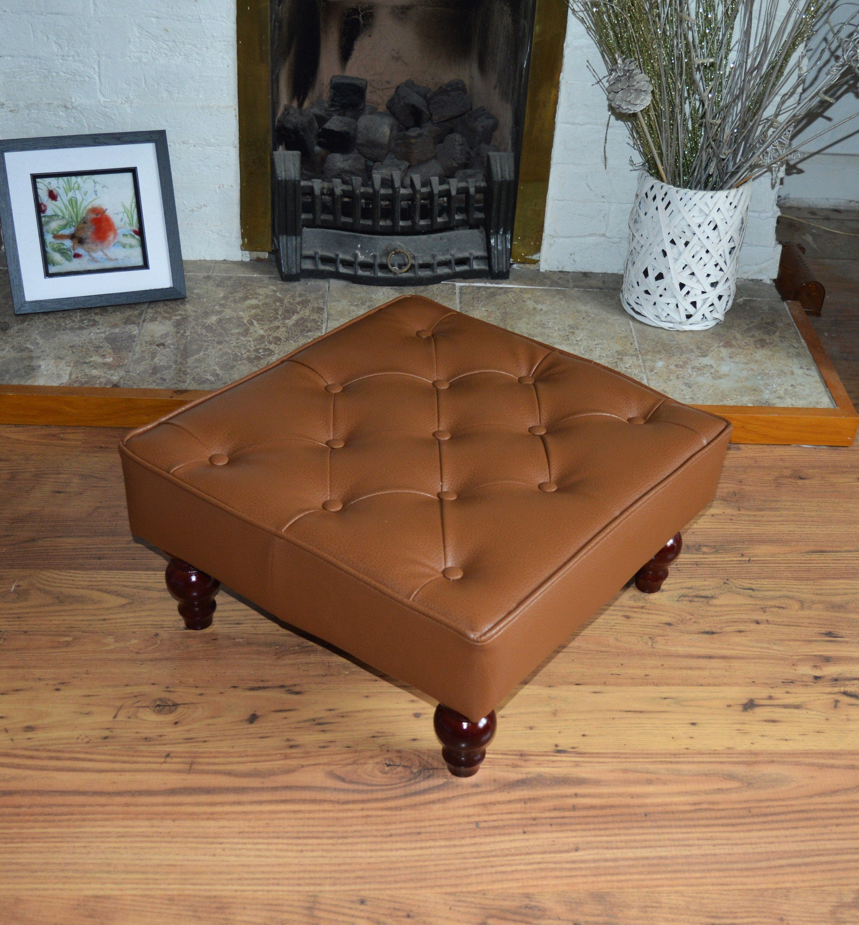 Buttoned and Piped Footstool Chesterfield Saddle Faux Leather With Hardwood Legs