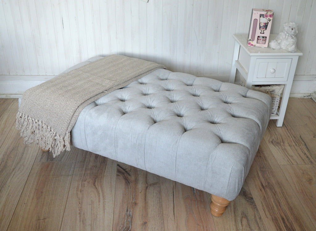 Chesterfield Style Deep Buttoned Footstool in Casino Silver Fabric  With Oak Hardwood Legs