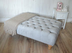 Chesterfield Style Deep Buttoned Footstool in Casino Silver Fabric  With Oak Hardwood Legs