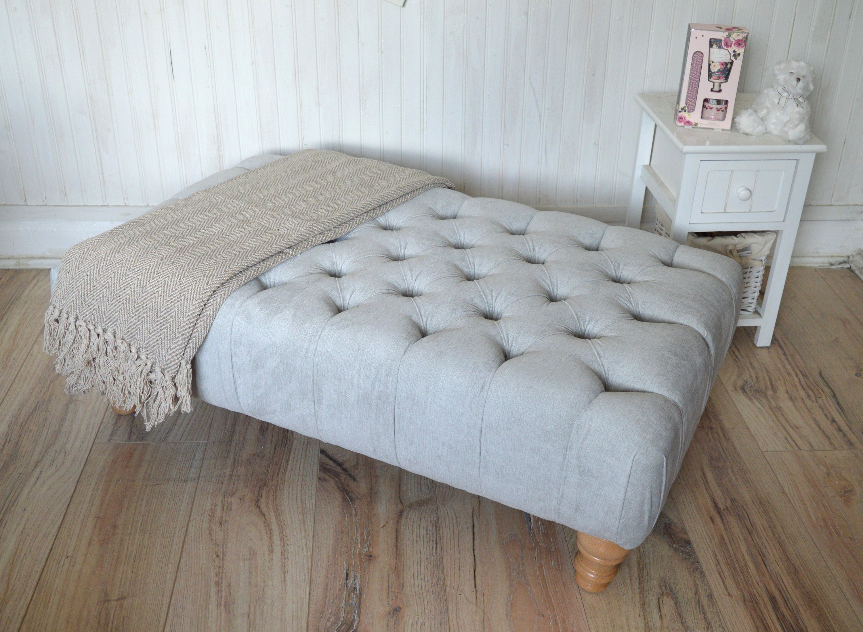 Chesterfield Style Deep Buttoned Footstool in Casino Silver Fabric  With Oak Hardwood Legs