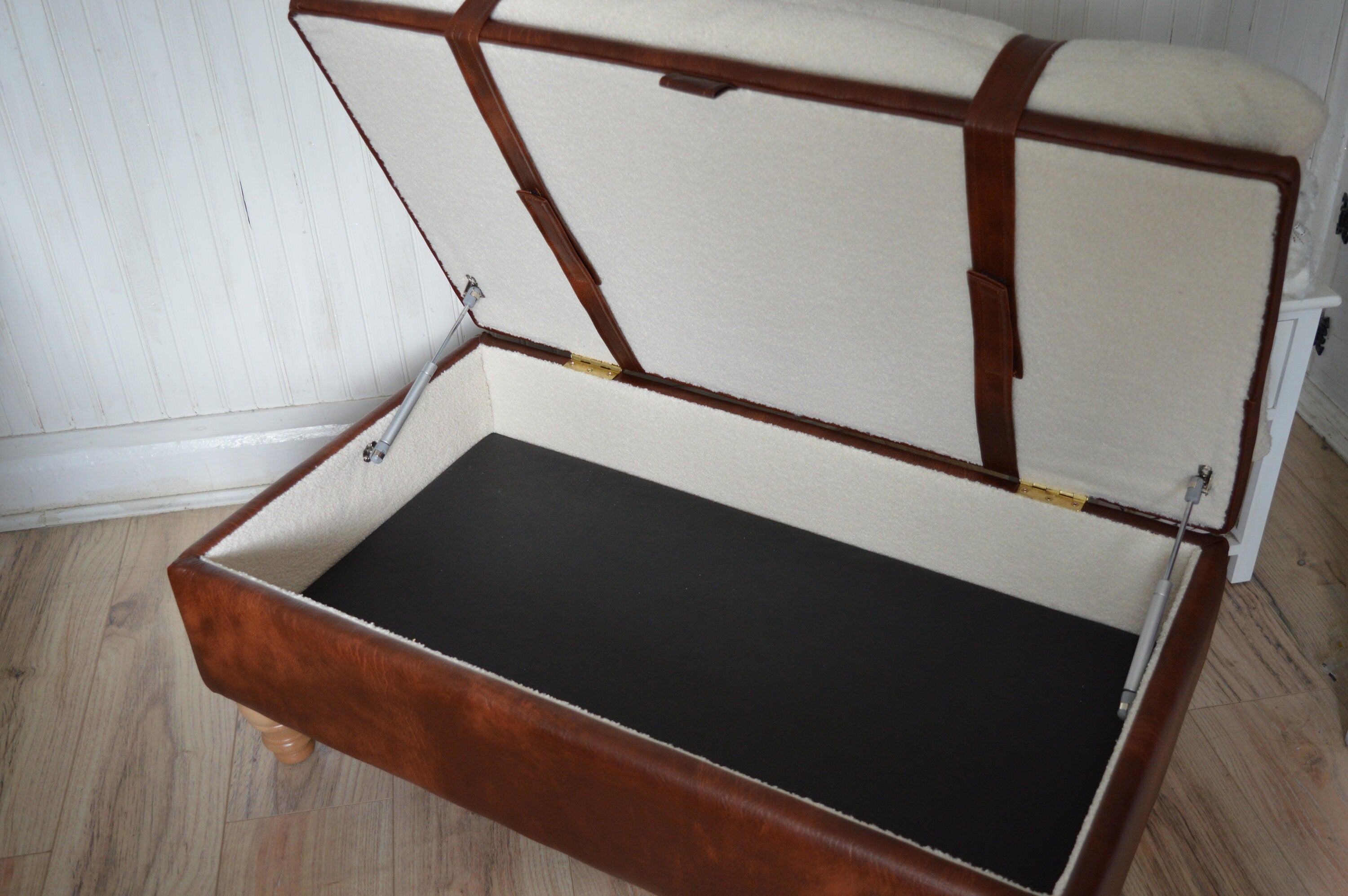 Mayfair Ottoman Footstool With Storage in Ivory Boucle Fabric With Chestnut Faux Leather Base
