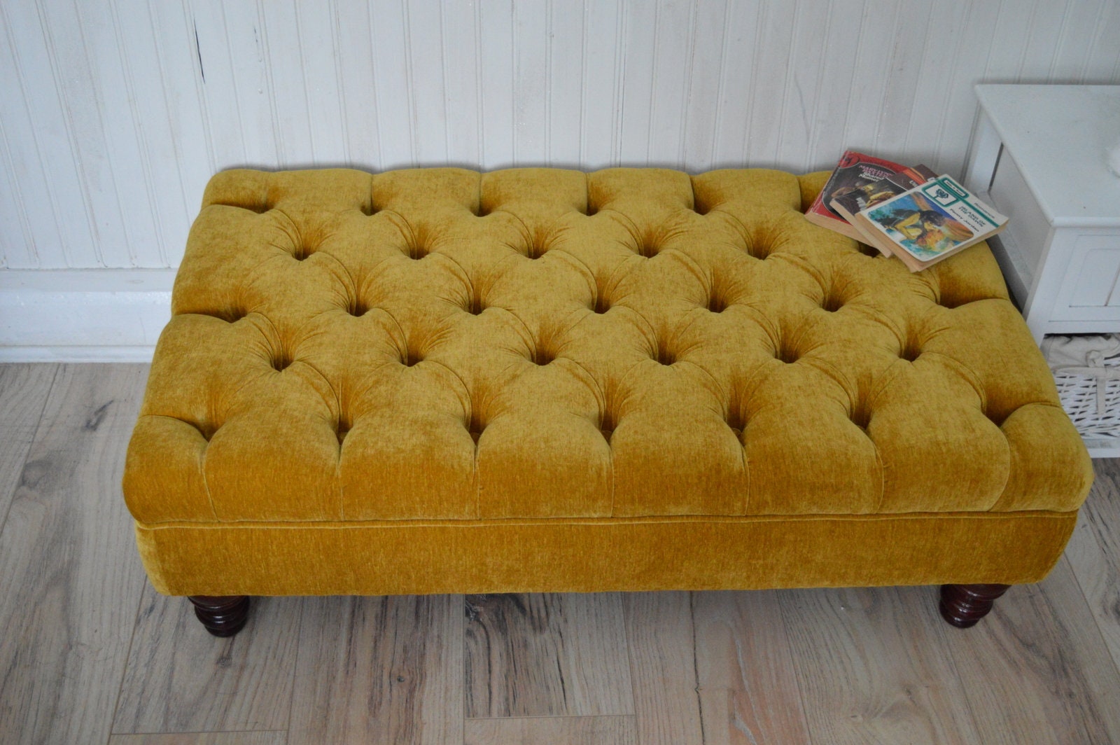 Chesterfield Deep Buttoned Footstool in a Plush Turmeric Velvet With Mahogany Turned Hard Wood Legs