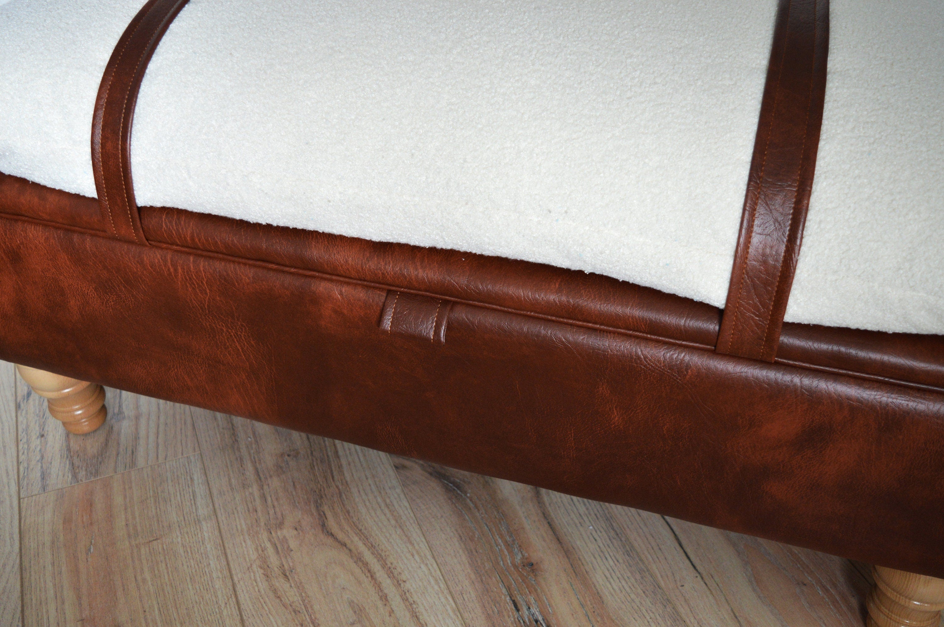 Mayfair Ottoman Footstool With Storage in Ivory Boucle Fabric With A Chestnut Faux Leather Base And Oak Turned Hardwood Legs