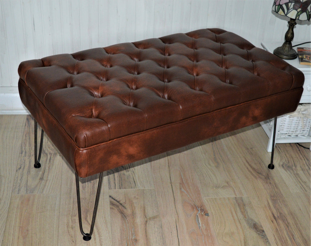 Bench Seating Style Chesterfield Buttoned Footstool  in Premium Faux Chestnut Leather With Hairpin Legs