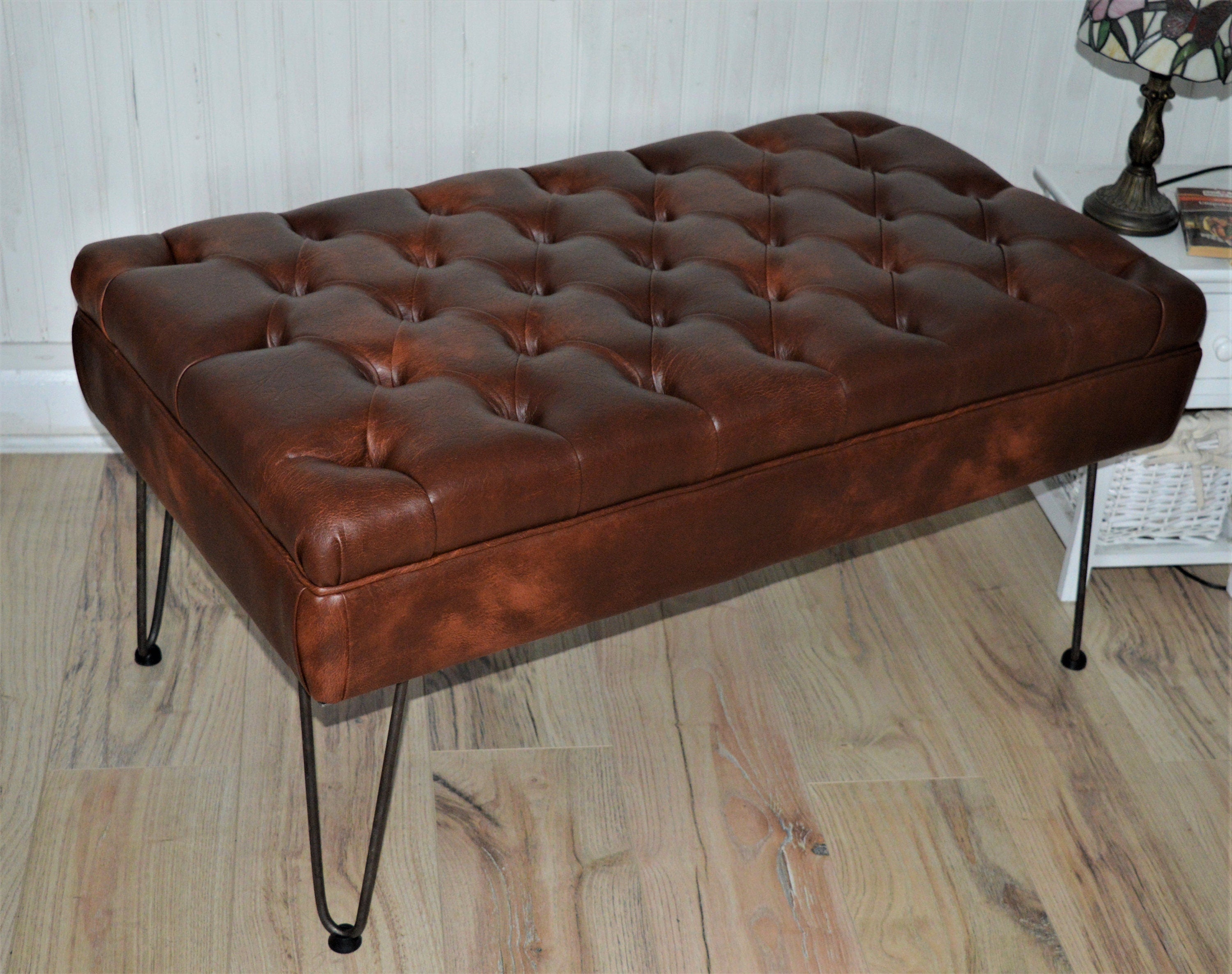 Bench Seating Style Chesterfield Buttoned Footstool  in Premium Faux Chestnut Leather With Hairpin Legs