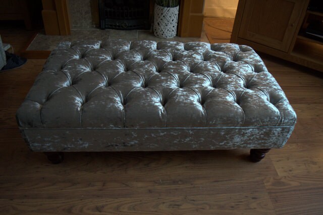 Chesterfield Style Deep Buttoned Footstool in Silver Crushed Velvet With Mahogany Legs